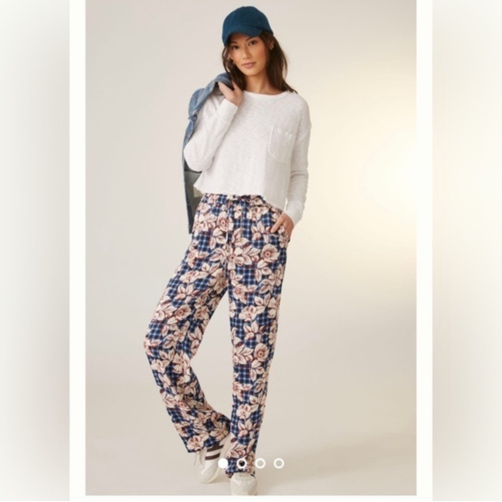 Scotch & Soda Blue Gingham and Burgundy Floral Printed Wide Leg Trousers Size XL